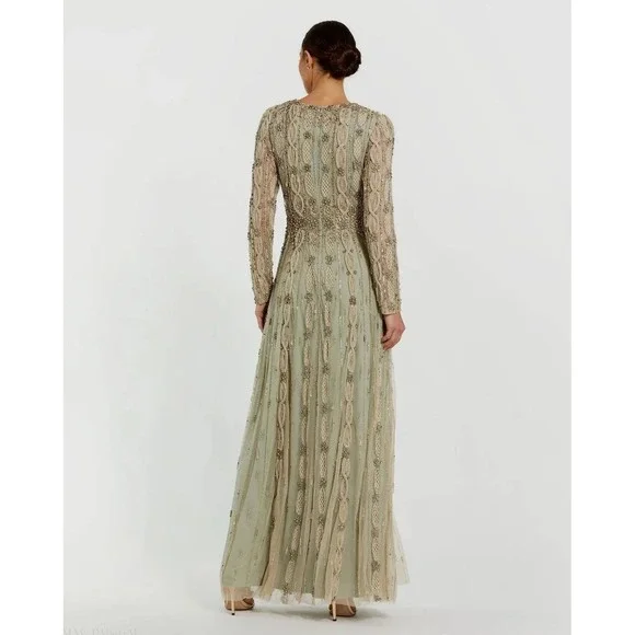 Mac Duggal NEW Embellished Mesh Long Sleeve A Line Gown Nude Sage $1,798 Size 10 - Picture 10 of 16